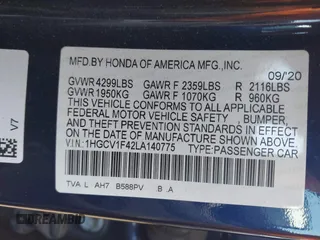 2020 Honda Accord EX with VIN 1HGCV1F42LA140775, listed as a IAAI auction lot 42491784 with 96,254 mi miles and . Bid and sale history available at DreamBid. Image 9.