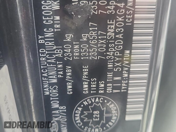 2019 Kia Sorento LX with VIN 5XYPGDA30KG470276, listed as a Copart auction lot 67822034 with 108,191 mi miles and Salvage Title. Bid and sale history available at DreamBid. Image 13.