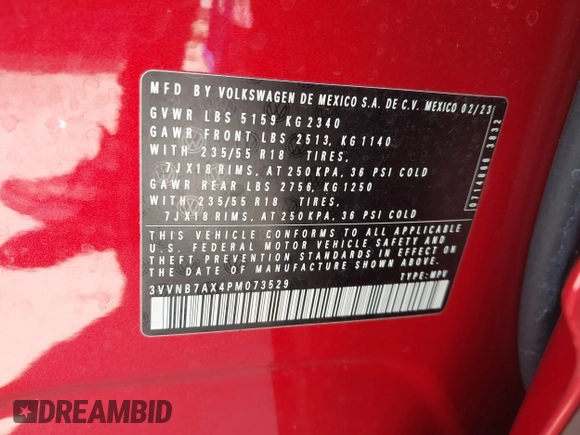 2023 Volkswagen Tiguan SE с VIN 3VVNB7AX4PM073529, выставлен на аукционе IAAI как лот 42393112 с пробегом 40 250 миль миль и . История ставок и продаж доступна на DreamBid. Изображение 9.