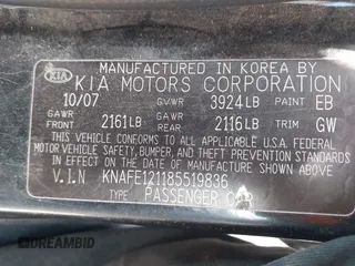 2008 Kia Spectra EX with VIN KNAFE121185519836, listed as a IAAI auction lot 42588551 with 132,221 mi miles and . Bid and sale history available at DreamBid. Image 9.