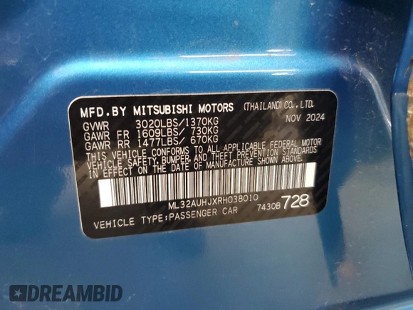 2024 Mitsubishi Mirage ES with VIN ML32AUHJXRH038010, listed as a Copart auction lot 60400125 with 5,264 mi miles and Non repairable. Bid and sale history available at DreamBid. Image 12.
