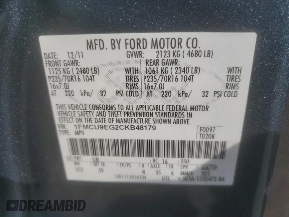 2012 Ford Escape Limited с VIN 1FMCU9EG2CKB48179, выставлен на аукционе Copart как лот 52908895 с пробегом 123 357 миль миль и Списание • Salvage title. История ставок и продаж доступна на DreamBid. Изображение 13.