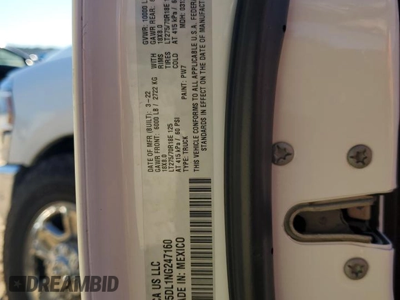 2022 Ram 2500 Big Horn with VIN 3C6UR5DL1NG247160, listed as a Copart auction lot 43605435 with 62,212 mi miles and Salvage Title. Bid and sale history available at carsss.com. Image 14.