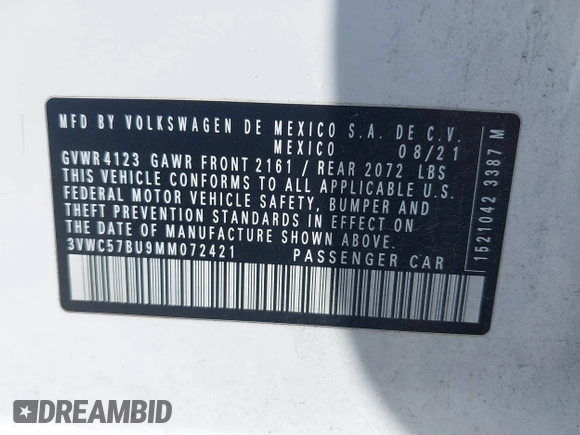 2021 Volkswagen Jetta S with VIN 3VWC57BU9MM072421, listed as a IAAI auction lot 42330750 with 62,288 mi miles and . Bid and sale history available at DreamBid. Image 9.
