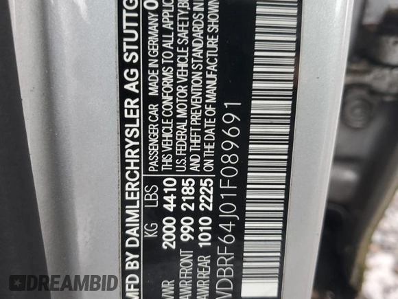 2001 Mercedes-Benz C 320 with VIN WDBRF64J01F089691, listed as a Copart auction lot 60071575 with 152,846 mi miles and Salvage title. Bid and sale history available at DreamBid. Image 12.