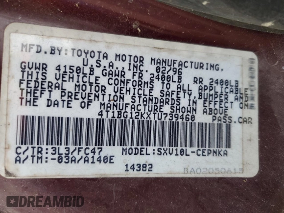 1996 Toyota Camry DX with VIN 4T1BG12KXTU739460, listed as a Copart auction lot 89107105 with 131,237 mi miles and Salvage Title. Bid and sale history available at carsss.com. Image 13.