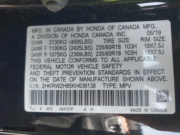 2019 Honda CR-V EX-L with VIN 2HKRW2H85KH636138, listed as a IAAI auction lot 41774049 with 49,586 mi miles. Bid and sale history available at carsss.com. Image 9.