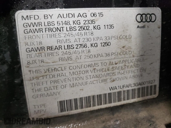 2016 Audi allroad Premium Plus with VIN WA1UFAFL3GA001827, listed as a Copart auction lot 84967864 with 63,476 mi miles and Salvage Title. Bid and sale history available at carsss.com. Image 13.