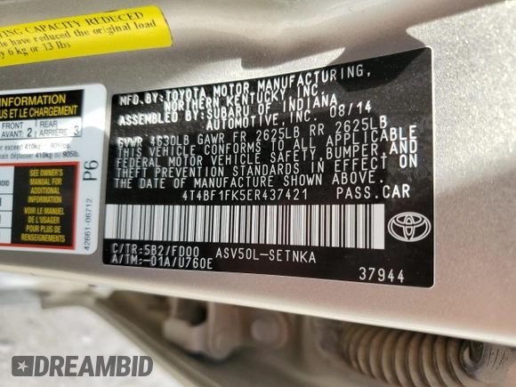 2014 Toyota Camry L with VIN 4T4BF1FK5ER437421, listed as a Copart auction lot 51816695 with 123,691 mi miles and Salvage Title. Bid and sale history available at DreamBid. Image 15.