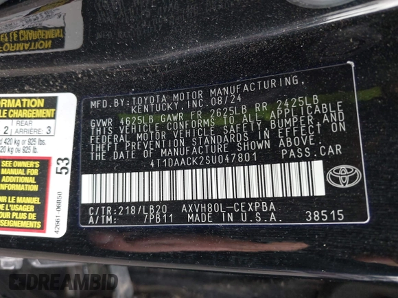 2025 Toyota Camry LE with VIN 4T1DAACK2SU047801, listed as a IAAI auction lot 41826669 with 10,458 mi miles. Bid and sale history available at carsss.com. Image 9.