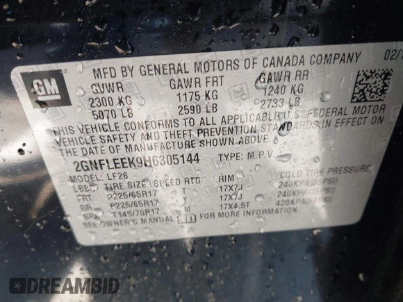 2017 Chevrolet Equinox LS with VIN 2GNFLEEK9H6305144, listed as a IAAI auction lot 41787256 with 128,410 mi miles and . Bid and sale history available at DreamBid. Image 9.