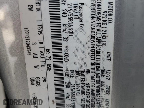 2013 Ford Focus SE with VIN 1FADP3F25DL212152, listed as a Copart auction lot 63040585 with 180,315 mi miles and Clean title. Bid and sale history available at DreamBid. Image 12.