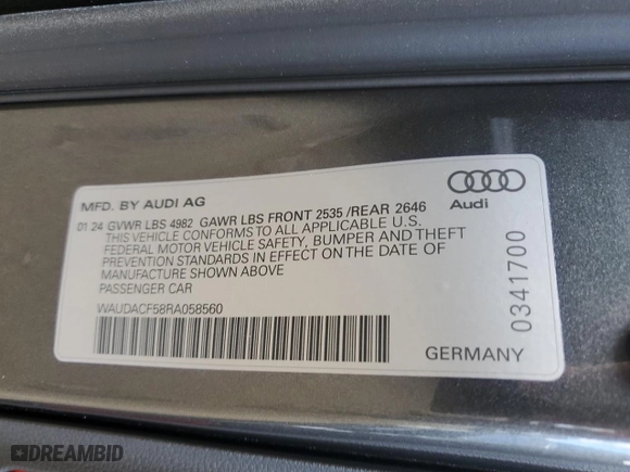 2024 Audi A5 Sportback S line Premium with VIN WAUDACF58RA058560, listed as a Copart auction lot 73712334 with 5,692 mi miles and Salvage Title. Bid and sale history available at carsss.com. Image 14.