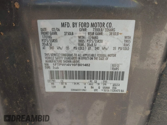 2006 Ford F-150 XLT с VIN 1FTPW14V16FB01482, выставлен на аукционе IAAI как лот 42796371 с пробегом 324 548 миль миль и . История ставок и продаж доступна на DreamBid. Изображение 9.