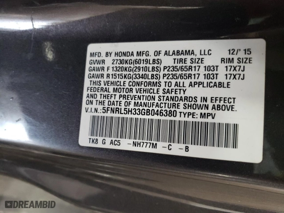 2016 Honda Odyssey SE with VIN 5FNRL5H33GB046380, listed as a Copart auction lot 53477755 with 107,205 mi miles and Salvage Title. Bid and sale history available at carsss.com. Image 13.