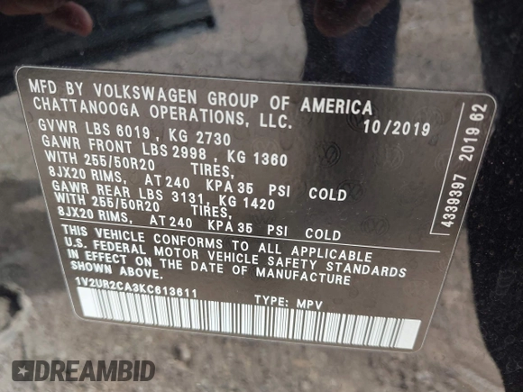2019 Volkswagen Atlas SE with VIN 1V2UR2CA3KC613611, listed as a IAAI auction lot 42135382 with 62,514 mi miles and . Bid and sale history available at DreamBid. Image 9.