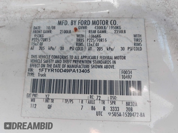 2009 Ford Ranger XL z VIN 1FTYR10D49PA13405, wystawiony jako IAAI lot #42807401 z przebiegiem Nie podano mil oraz . Historia ofert i sprzedaży dostępna na DreamBid. Obrazek 9.