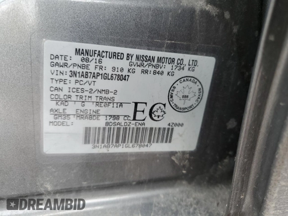 2016 Nissan Sentra SR with VIN 3N1AB7AP1GL678047, listed as a Copart auction lot 50045335 with 146,722 mi miles and Salvage Title. Bid and sale history available at DreamBid. Image 12.