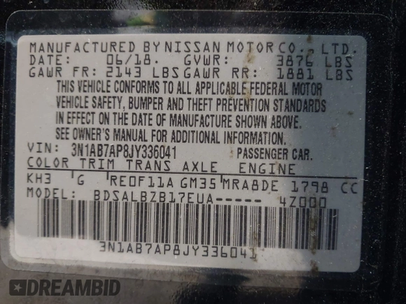 2018 Nissan Sentra S z VIN 3N1AB7AP8JY336041, wystawiony jako IAAI lot #42341452 z przebiegiem 101 317 mil mil oraz . Historia ofert i sprzedaży dostępna na DreamBid. Obrazek 9.