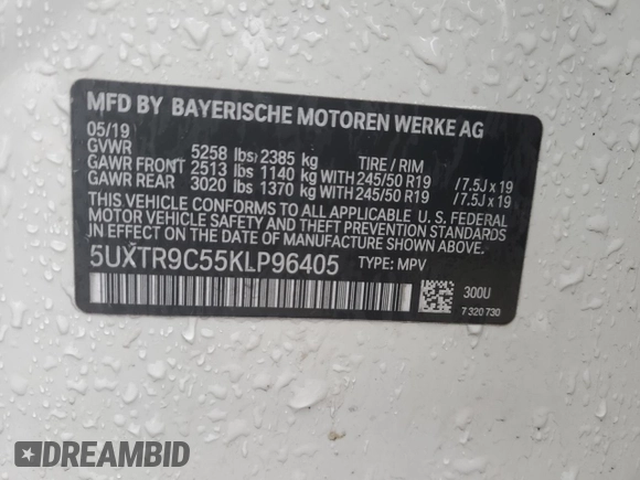2019 BMW X3 xDrive30i with VIN 5UXTR9C55KLP96405, listed as a Copart auction lot 52395945 with Not Provided miles and Salvage Title. Bid and sale history available at DreamBid. Image 13.