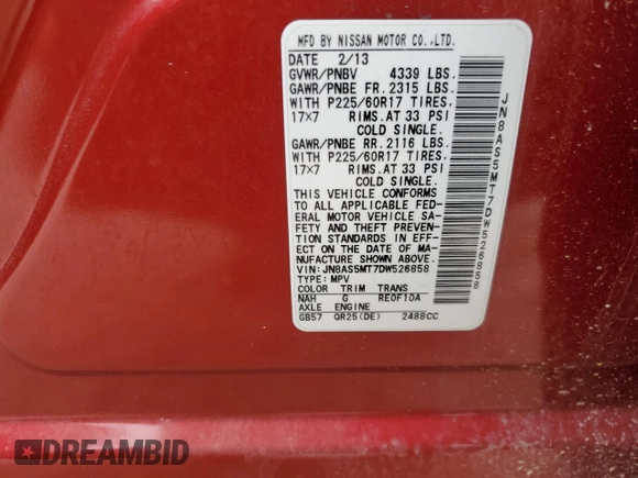 2013 Nissan Rogue S with VIN JN8AS5MT7DW526858, listed as a Copart auction lot 47649655 with 126,689 mi miles and Clean Title. Bid and sale history available at DreamBid. Image 13.