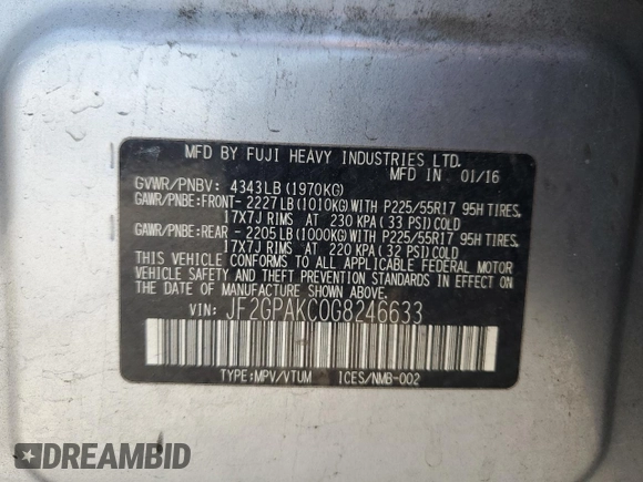 2016 Subaru Crosstrek Limited с VIN JF2GPAKC0G8246633, выставлен на аукционе Copart как лот 58448665 с пробегом 94 526 миль миль и Списание • Salvage title. История ставок и продаж доступна на DreamBid. Изображение 13.