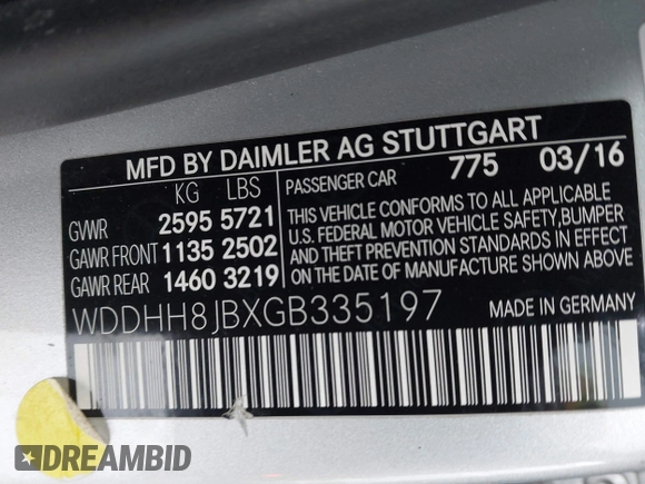2016 Mercedes-Benz E-Class E 350 Luxury with VIN WDDHH8JBXGB335197, listed as a IAAI auction lot 41344354 with 96,164 mi miles. Bid and sale history available at carsss.com. Image 9.