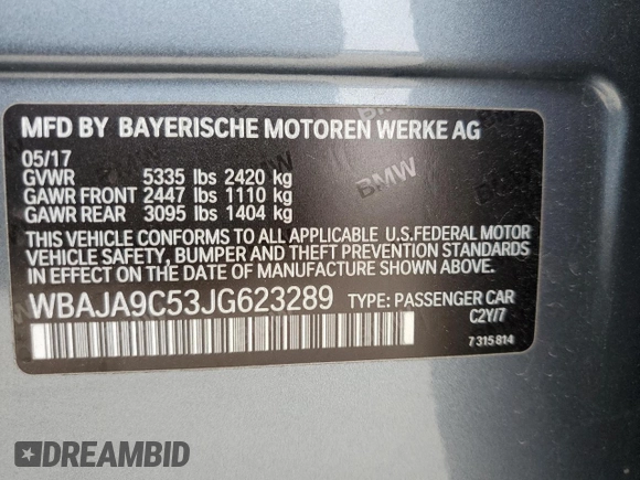 2018 BMW 5 Series 530e with VIN WBAJA9C53JG623289, listed as a Copart auction lot 48053465 with 120,969 mi miles and Clean title. Bid and sale history available at DreamBid. Image 12.