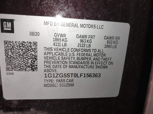2020 Chevrolet Malibu RS with VIN 1G1ZG5ST0LF156363, listed as a IAAI auction lot 41934649 with 139,169 mi miles. Bid and sale history available at carsss.com. Image 9.