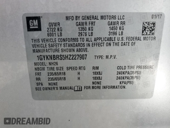 2017 Cadillac XT5 Luxury FWD with VIN 1GYKNBRS5HZ227907, listed as a Copart auction lot 73787804 with 46,893 mi miles and Non Repairable. Bid and sale history available at DreamBid. Image 14.