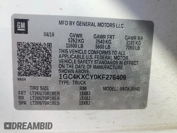 2019 Chevrolet Silverado 3500HD LTZ z VIN 1GC4KXCY0KF276409, wystawiony jako Copart lot #88408515 z przebiegiem 125 787 mil mil oraz Szkody całkowita. Historia ofert i sprzedaży dostępna na DreamBid. Obrazek 15.