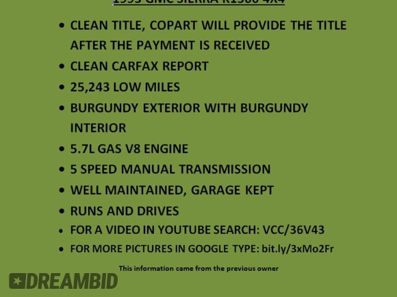 1993 GMC Sierra 1500 with VIN 1GTEK14K2PZ543759, listed as a Copart auction lot 60896034 with 25,244 mi miles and Clean Title. Bid and sale history available at DreamBid. Image 12.