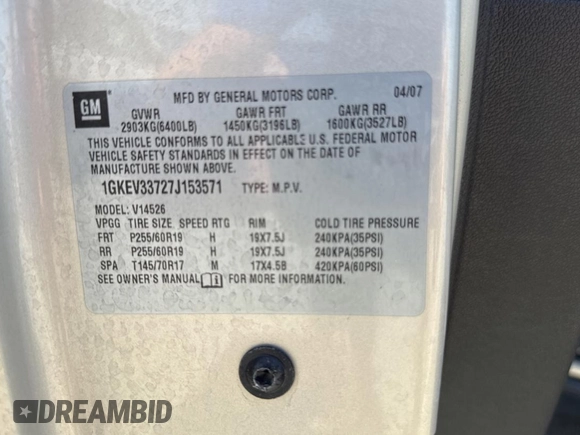2007 GMC Acadia SLT с VIN 1GKEV33727J153571, выставлен на аукционе Copart как лот 62330495 с пробегом 140 868 миль миль и Чистый • Clean title. История ставок и продаж доступна на DreamBid. Изображение 10.