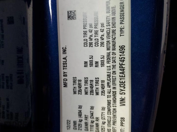 2023 Tesla Model 3 z VIN 5YJ3E1EA4PF451496, wystawiony jako Copart lot #63876575 z przebiegiem 108 380 mil mil oraz Czysty tytuł • Clean title. Historia ofert i sprzedaży dostępna na DreamBid. Obrazek 13.