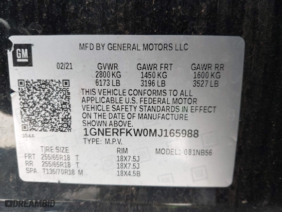 2021 Chevrolet Traverse LS with VIN 1GNERFKW0MJ165988, listed as a IAAI auction lot 42018002 with 72,315 mi miles. Bid and sale history available at carsss.com. Image 9.