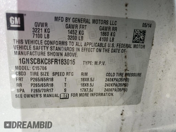 2015 Chevrolet Tahoe LT with VIN 1GNSCBKC8FR183016, listed as a Copart auction lot 61463135 with 154,856 mi miles and Clean title. Bid and sale history available at DreamBid. Image 13.