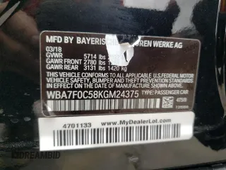 2019 BMW 7 Series 750i with VIN WBA7F0C58KGM24375, listed as a Copart auction lot 73192983 with 0 mi miles. Bid and sale history available at carsss.com. Image 15.
