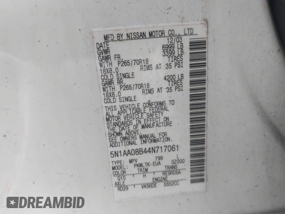 2004 Nissan Armada LE z VIN 5N1AA08B44N717061, wystawiony jako IAAI lot #42298978 z przebiegiem 246 938 mil mil oraz . Historia ofert i sprzedaży dostępna na DreamBid. Obrazek 9.