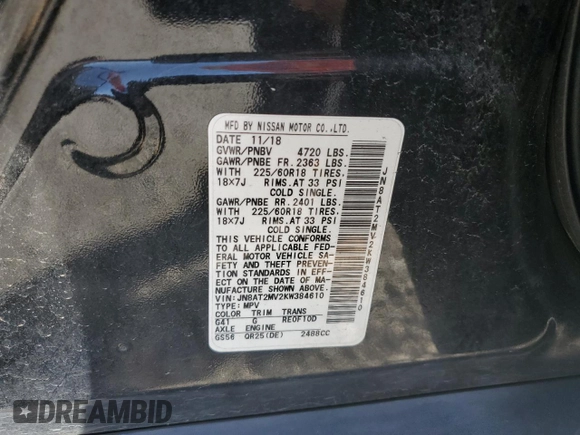 2019 Nissan Rogue SV with VIN JN8AT2MV2KW384610, listed as a Copart auction lot 52043625 with 54,054 mi miles and Salvage Title. Bid and sale history available at carsss.com. Image 16.