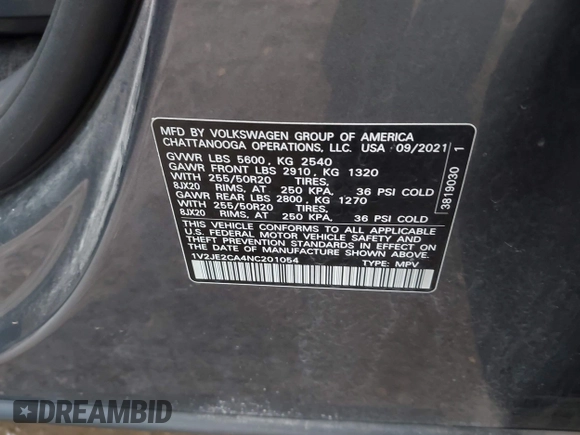 2022 Volkswagen Atlas SE с VIN 1V2JE2CA4NC201054, выставлен на аукционе IAAI как лот 41920943 с пробегом 68 407 миль миль и . История ставок и продаж доступна на DreamBid. Изображение 9.