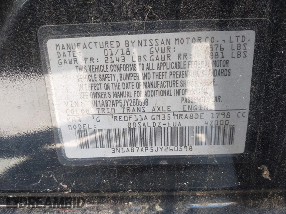 2018 Nissan Sentra S with VIN 3N1AB7AP5JY260598, listed as a IAAI auction lot 42033362 with 69,222 mi miles and . Bid and sale history available at DreamBid. Image 9.