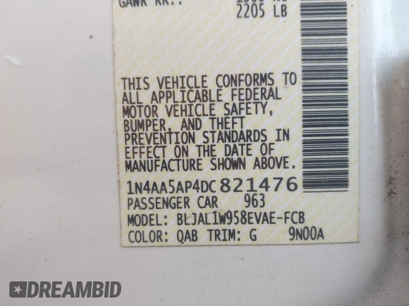 2013 Nissan Maxima SV with VIN 1N4AA5AP4DC821476, listed as a IAAI auction lot 41782887 with 140,956 mi miles and . Bid and sale history available at DreamBid. Image 9.