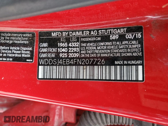2015 Mercedes-Benz CLA 250 with VIN WDDSJ4EB4FN207726, listed as a Copart auction lot 53316444 with 77,672 mi miles and . Bid and sale history available at DreamBid. Image 12.