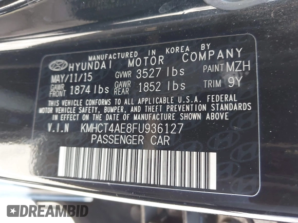 2015 Hyundai Accent GLS with VIN KMHCT4AE8FU936127, listed as a IAAI auction lot 42182291 with 161,828 mi miles and . Bid and sale history available at DreamBid. Image 9.