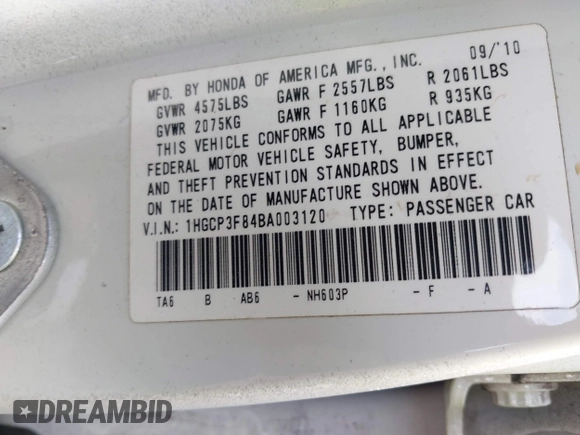 2011 Honda Accord EX-L with VIN 1HGCP3F84BA003120, listed as a IAAI auction lot 42440261 with 223,627 mi miles and . Bid and sale history available at DreamBid. Image 9.