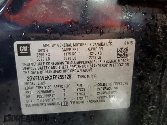 2015 GMC Terrain SLE with VIN 2GKFLWEKXF6259128, listed as a Copart auction lot 51096925 with 82,547 mi miles and Salvage Title. Bid and sale history available at carsss.com. Image 15.