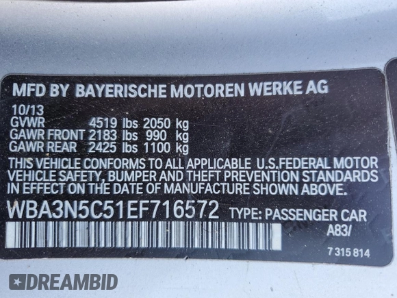 2014 BMW 4 Series 428i xDrive with VIN WBA3N5C51EF716572, listed as a Copart auction lot 52086365 with 209,742 mi miles and Salvage Title. Bid and sale history available at DreamBid. Image 14.