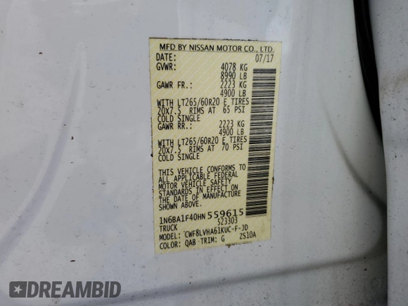 2017 Nissan Titan Pro-4X z VIN 1N6BA1F40HN559615, wystawiony jako Copart lot #57636455 z przebiegiem 99 803 mil mil oraz Szkoda całkowita • Salvage title. Historia ofert i sprzedaży dostępna na DreamBid. Obrazek 12.