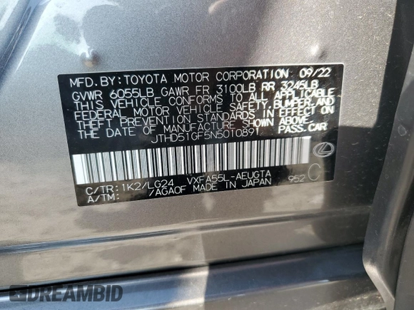 2022 Lexus LS 500 z VIN JTHD51GF5N5010891, wystawiony jako Copart lot #59223265 z przebiegiem 34 289 mil mil oraz Szkoda całkowita • Salvage title. Historia ofert i sprzedaży dostępna na DreamBid. Obrazek 12.