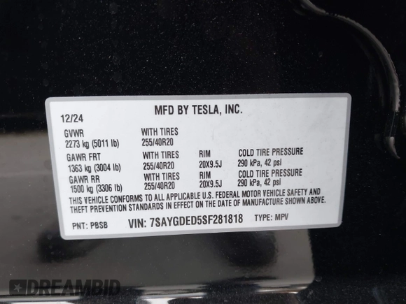 2025 Tesla Model Y Long Range with VIN 7SAYGDED5SF281818, listed as a IAAI auction lot 41302611 with 395 mi miles and . Bid and sale history available at DreamBid. Image 9.